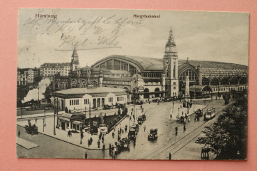 Ansichtskarte AK Hamburg 1915 Hauptbahnhof Bahnhof Eisenbahn Zug Straßenbahn Autos Architektur Ortsansicht